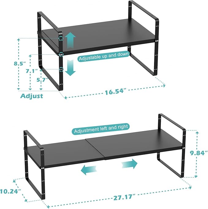 WEJIPP Cabinet Organizer Shelf Expandable,Pantry Organizer Stackable Shelves,Kitchen Counter Under Sink Storage Shelf for Kitchen,Countertop,Cupboard,Inside Cabinet,10.24" D,Black,2 Packs