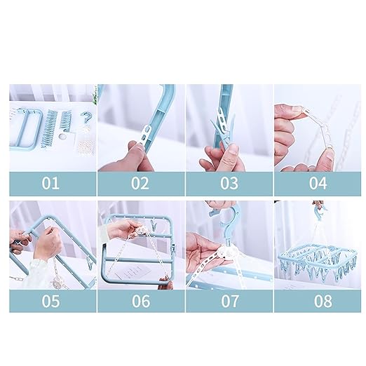Clothes Hanger with 32 Clips, Foldable Clothes Peg Drying Rack for Socks, Underwear, Bras, Scarves (Blue)