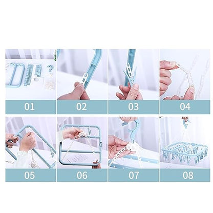 Clothes Hanger with 32 Clips, Foldable Clothes Peg Drying Rack for Socks, Underwear, Bras, Scarves (Blue)