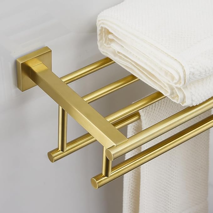 Towel Rack for Bathroom 32 Inch Wall Mounted Towel Rack Brushed Gold Towel Shelf with Double Towel Bar SUS304 Stainless Steel Towel Holder for Bathroom Wall Hotel Towel Rail