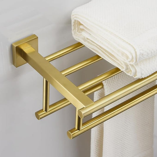 Bathroom Towel Rack with Double Towel Bar Bathroom Hotel Shower Shelf SUS304 Stainless Steel Modern Wall Mounted Holder 28 Inch Brushed Gold