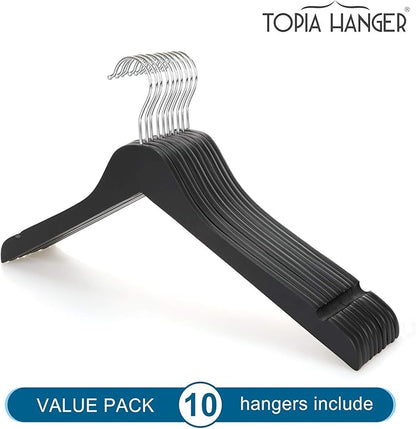 TOPIA HANGER Black Wooden Hangers, 0.28-inch Slim Wood Clothes Hanger with Flat Design and Smooth Notches, Lightweight Space Saving Hangers for Shirt, Coat, Camisole, 10 Pack-Matte Black, CT29B