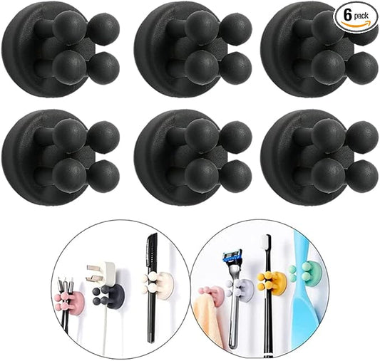 Defrko Silicone Toothbrush Holders - 6Pcs Razor Hooks Adhesive Wall Mounted for Hanging Towel Key Plug Cable, Utility Decor Stick to Dorm Room Door Function for Kitchen Bathroom Home Office, Black