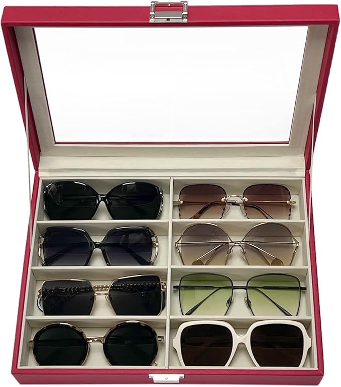 UnionPlus 8-Slots Sunglasses Case Organizer, Eyeglass Glasses Display Holder Collector, Multiple Sunglasses Storage Case, Red