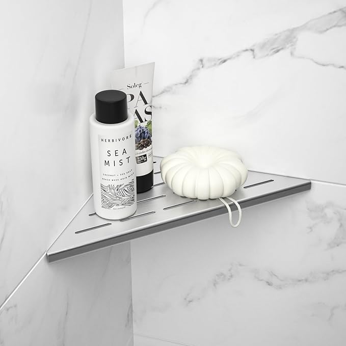 Bernkot Corner Shower Shelf 10", Brushed 304 Stainless Steel Slot Design Recessed Corner Shelves Bathroom Grout in Shelf for Tiled Wall, 2 Pack
