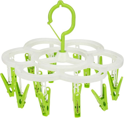Clothespin Rack Laundry Drying Rack,Clothes Hangers with 16 Clips,Clip Hanger Drip Hanger for Drying Underwear,Baby Clothes,Socks,Bras,Towel,Pants,Hat,Scarf,Cloth Diapers,Gloves (Green)
