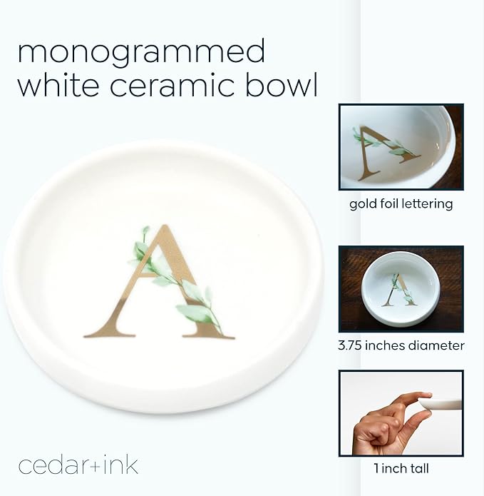 Trinket Tray Jewelry Dish with Monogrammed A in Gold Ring Holder - White Trinket Dish - Personalized Ring Dish or Jewelry Tray - Cedar & Ink (A)