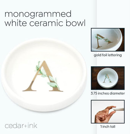 Trinket Tray Jewelry Dish with Monogrammed A in Gold Ring Holder - White Trinket Dish - Personalized Ring Dish or Jewelry Tray - Cedar & Ink (A)
