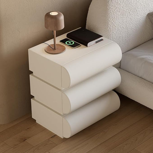 homary Smart Nightstand with Wireless Charging, USB & Type-C Ports – Modern White Leather Night Stand with 3 Drawers, Bedside Table for Bedroom