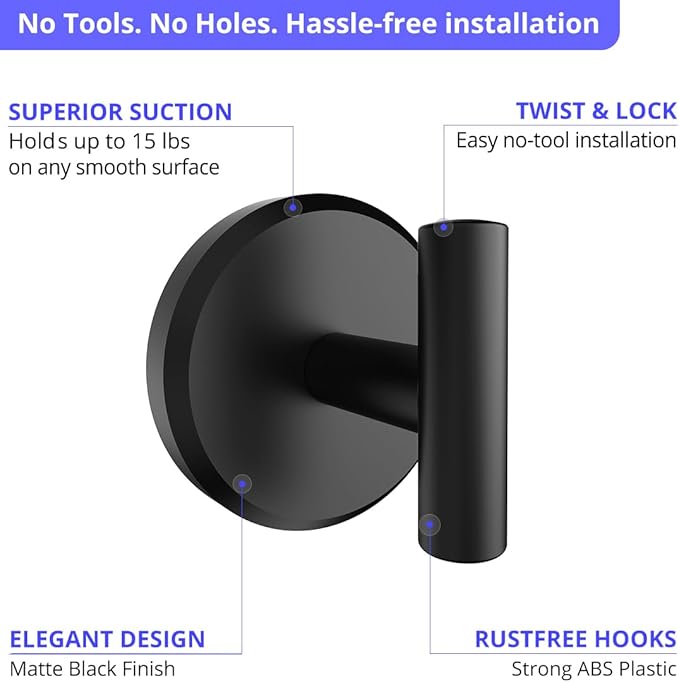 HOME SO Suction Cup Hooks T Shape (2 or 4 Pack) (Matte Black, 2, Count)