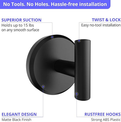 HOME SO Suction Cup Hooks T Shape (2 or 4 Pack) (Matte Black, 2, Count)