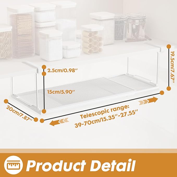 Expandable Hanging Under Shelf Storage Basket,Under Shelf Storage Organizer,Under Hanging Baskets for Cabinet,Pantry, Desk Organization,7.87" D x 14.96"-27.56W x 5.12" H,White