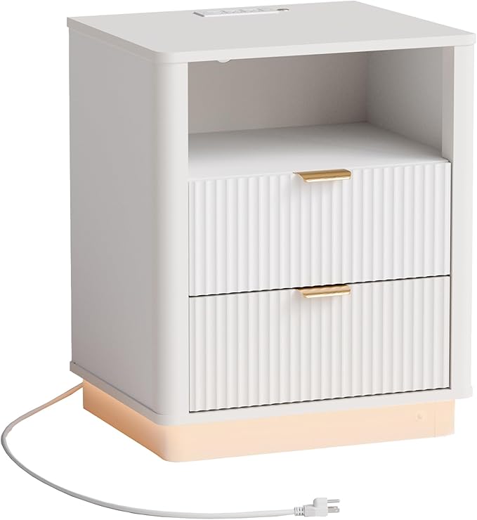 BONITURE Led Fluted Nightstand, Curved Night Stand with Charging Station Lighting, Wood Side Table with 2 Drawers, Modern End Table Storage Cabinet for Bedroom(1, White)