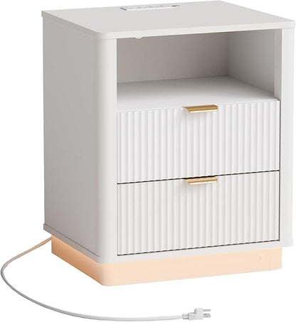 BONITURE Led Fluted Nightstand, Curved Night Stand with Charging Station Lighting, Wood Side Table with 2 Drawers, Modern End Table Storage Cabinet for Bedroom(1, White)