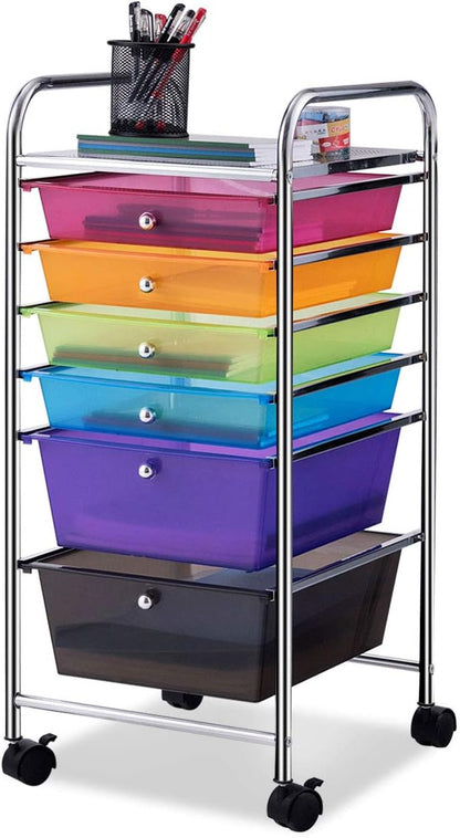 Happygrill 6-Drawer Organizer Cart Tools, Mobile Utility Storage Cart with Removable Drawers & Lockable Wheels, Rolling Storage Cart with Wheels for Home Office