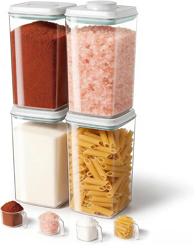 Airtight Food Storage Containers Set with One-Touch Lid, 4-Pack (4.22 QT / 4.0 L) Best Value Stackable Durable PET for Complete Kitchen Pantry Organization
