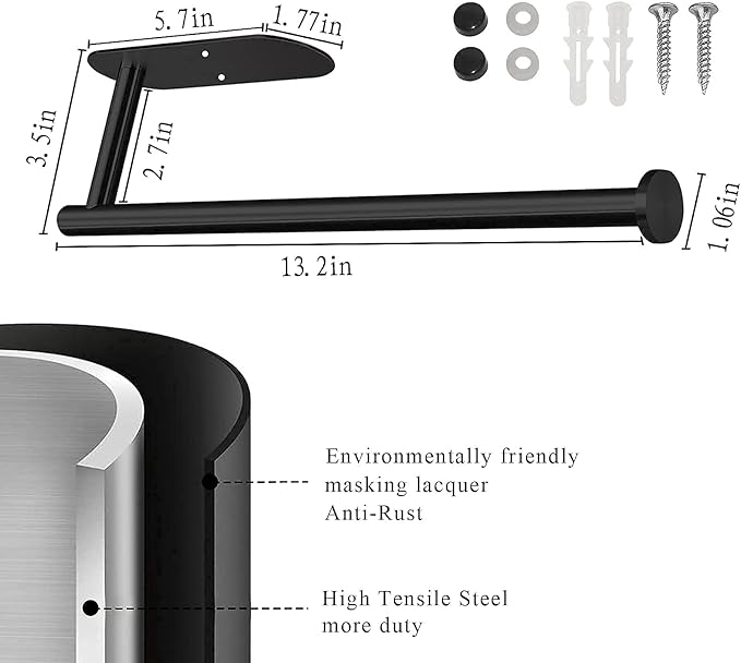 Paper Towel Holder Under Cabinet-Matt Black Self Adhesive Paper Towel Holder for Bathroom Countertop Organizer Horizontal or Vertical Wall Mounted for Kitchen Accessories