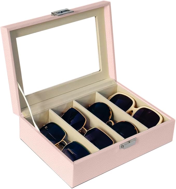 UnionPlus 4-Slots Sunglasses Case Organizer, Eyeglass Glasses Display Holder Collector, Multiple Sunglasses Storage Case, Lychee Pearl Blush