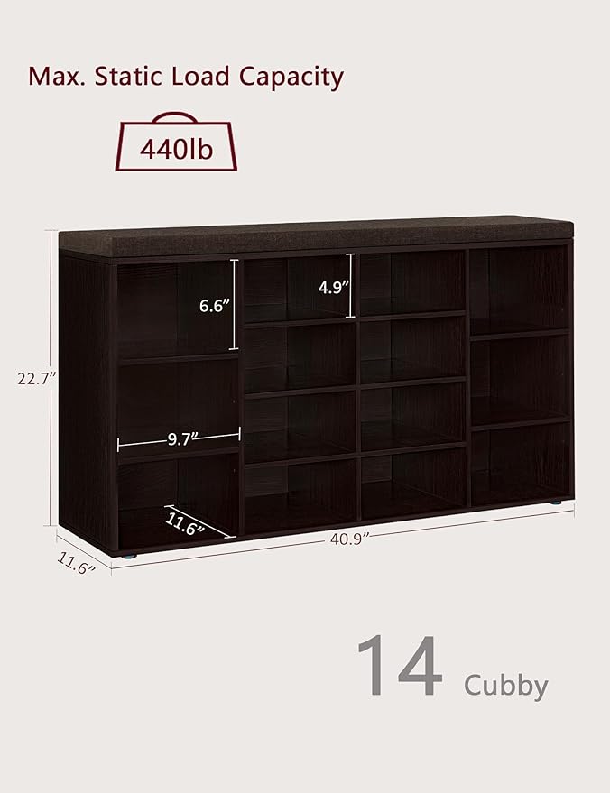 DINZI LVJ Shoe Storage Bench with Cushion, 14-Cubby Shoe Rack, Adjustable Shelves, Multifunctional Shoe Organizer Bench for Entryway, Mudroom, Hallway, Living Room, Bedroom and Garage, Espresso