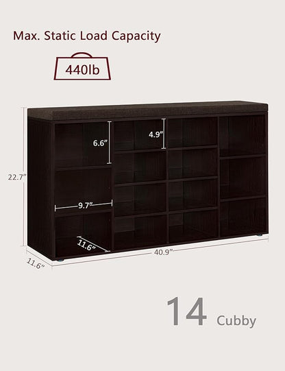 DINZI LVJ Shoe Storage Bench with Cushion, 14-Cubby Shoe Rack, Adjustable Shelves, Multifunctional Shoe Organizer Bench for Entryway, Mudroom, Hallway, Living Room, Bedroom and Garage, Espresso