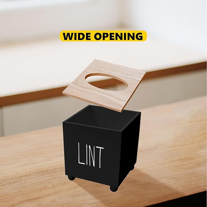 Farmhouse Wooden Lint Holder with Lid - Dryer Lint Trash Can for Laundry Room Decor (Black)