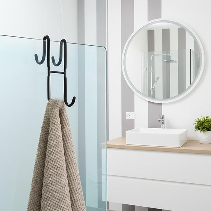PercyEffie 2Pcs Over The Door Towel Hook Door Hanger Hook s Frameless Drilling-Free Hanger, Double Side Towel Hooks Black Stainless Steel Shower Doors Hooks for Bathrooms, Squeegee,Towels,Loofah