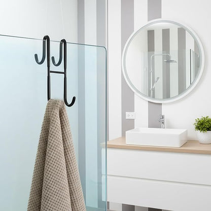 PercyEffie 2Pcs Over The Door Towel Hook Door Hanger Hook s Frameless Drilling-Free Hanger, Double Side Towel Hooks Black Stainless Steel Shower Doors Hooks for Bathrooms, Squeegee,Towels,Loofah