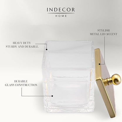 Indecor Home Clear Transparent Hotel Style Apothecary Tempered Glass Canister Jar W/ Gold Metal Lid Cover, Classic Countertop Organizer for Cotton balls/pads, Floss Picks, Makeup Storage