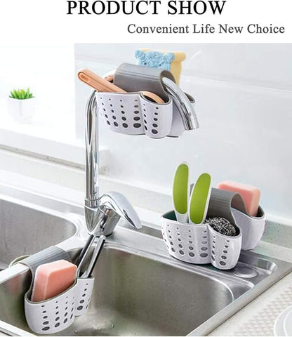 Sink Caddy Sponge Holder for Faucet - Flexible Silicone Plastic Saddle Organizer with Drain Holes, Double White