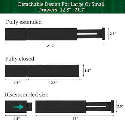 4 Pack Bamboo Kitchen Drawer Dividers with Inserts 2.6" High, Adjustable from 12.5 Inch to 21.7 Inch Drawer Organizers, Expandable Drawer Separators for Clothes, Bedroom, Dresser, Office (Black)
