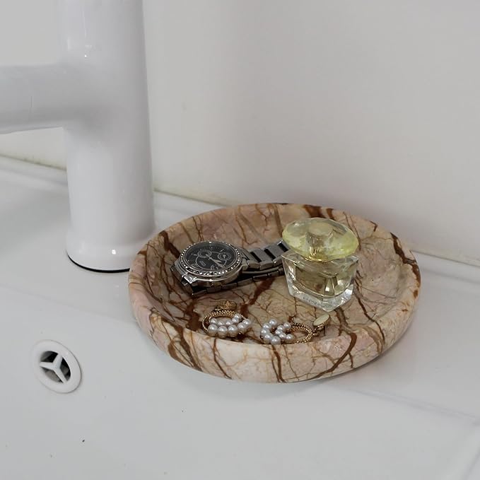 Nawgnail Natural Travertine Marble Jewelry Dish 5.5", Trinket Dish for Ring Earring, Gift for Woman Daugther(Pink Marble)