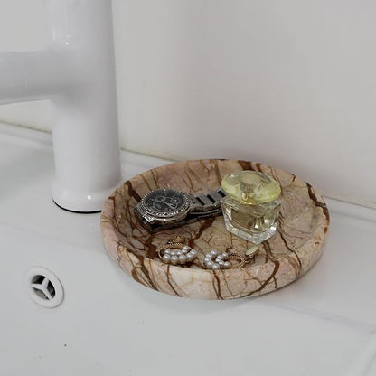Nawgnail Natural Travertine Marble Jewelry Dish 5.5", Trinket Dish for Ring Earring, Gift for Woman Daugther(Pink Marble)