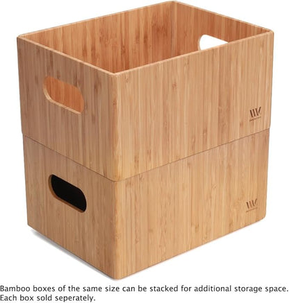 MobileVision Bamboo Storage Box, 12”x 9”x 6”, Durable Bin w/ Handles, Stackable - For Toys Bedding Clothes Baby Essentials Arts & Crafts Closet & Office Shelf With (White Clip Included)