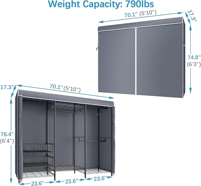VIPEK V10C Portable Closets Heavy Duty Clothes Rack with Slid Basket, Wardrobe Closet, Black Clothing Rack with Grey Oxford Fabric Cover, Adjustable Closet Storage Rack 70.1" Lx17.3 Wx76.4 H