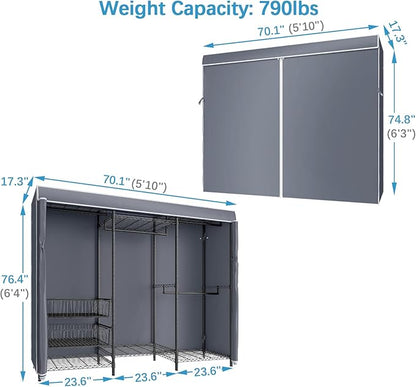 VIPEK V10C Portable Closets Heavy Duty Clothes Rack with Slid Basket, Wardrobe Closet, Black Clothing Rack with Grey Oxford Fabric Cover, Adjustable Closet Storage Rack 70.1" Lx17.3 Wx76.4 H