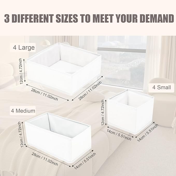 Mooisco 12 Pack Drawer Organizer Clothes, Fabric Closet Organizers and Storage, Foldable Cloth Storage Bins for Underwear Socks, Bra, Ties, Scarf, Belt, Hair Accessories, White