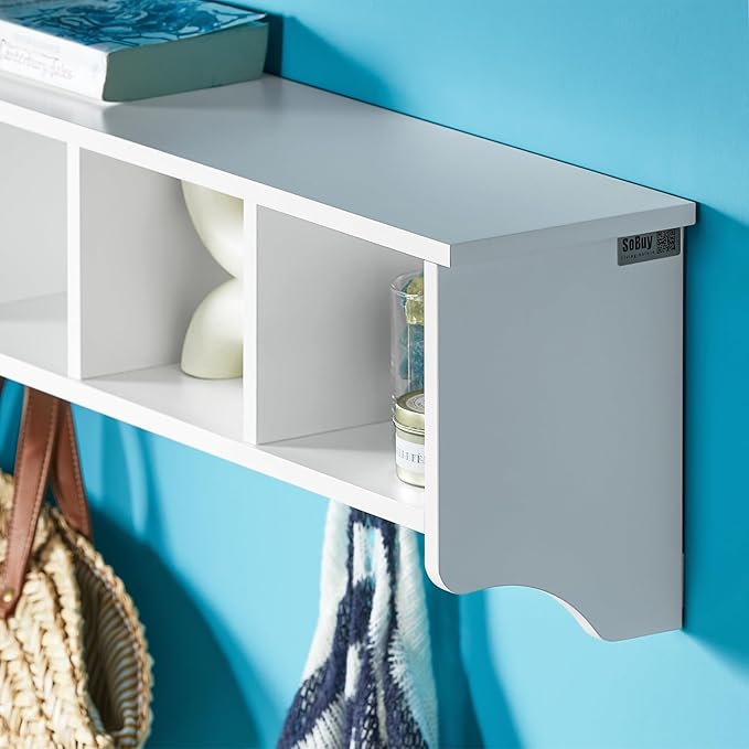 Haotian White Wall Shelf with Coat Hooks, Wall Coat Rack Entryway, Display Storage Unit with 4 Components 5 Bathroom Kitchen Cupboard, FRG48-L-W
