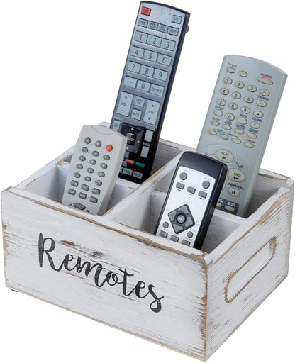 MyGift Wood Remote Control Holder Organizer with 4 Compartments, Media Remote Caddy Storage with Cursive REMOTES Design, Whitewashed
