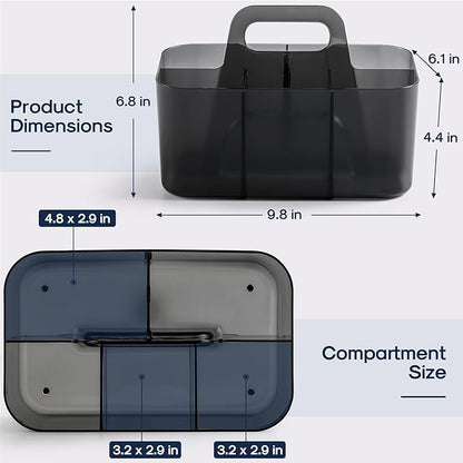 Multiuse Caddy Organizer with Handle - Stackable Plastic Bin - Divided Storage Tote Holder for Art Craft Supplies, Makeup, Bathroom, Shower, Cleaning, Kitchen, Office, Dorm, Desktop - Clear Black