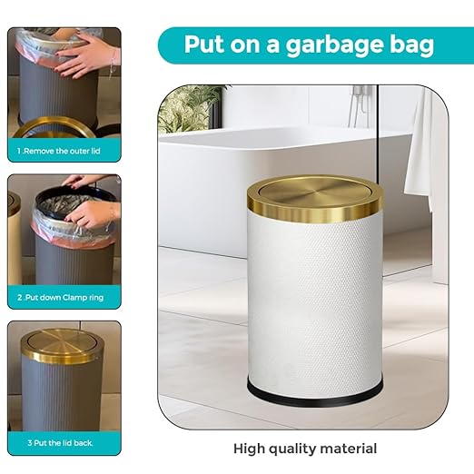 2.4 Gallon Bathroom Trash Can with Lid, Pu Leather Modern Garbage Can, Round Decorative Waste Basket, for Near Desk, Powder, Bedroom, Hotel, Office, Home (9L-Checked White)