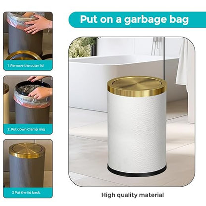2.4 Gallon Bathroom Trash Can with Lid, Pu Leather Modern Garbage Can, Round Decorative Waste Basket, for Near Desk, Powder, Bedroom, Hotel, Office, Home (9L-Checked White)