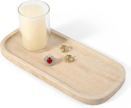 Koville Travertine Tray, 10"x5" Marble Vanity Tray for Bathroom Countertop Kitchen Sink, Rectangular Stone Tray for Perfume Fragrance, Decorative Catchall Tray Jewelry Cosmetics Organizer(Beige)