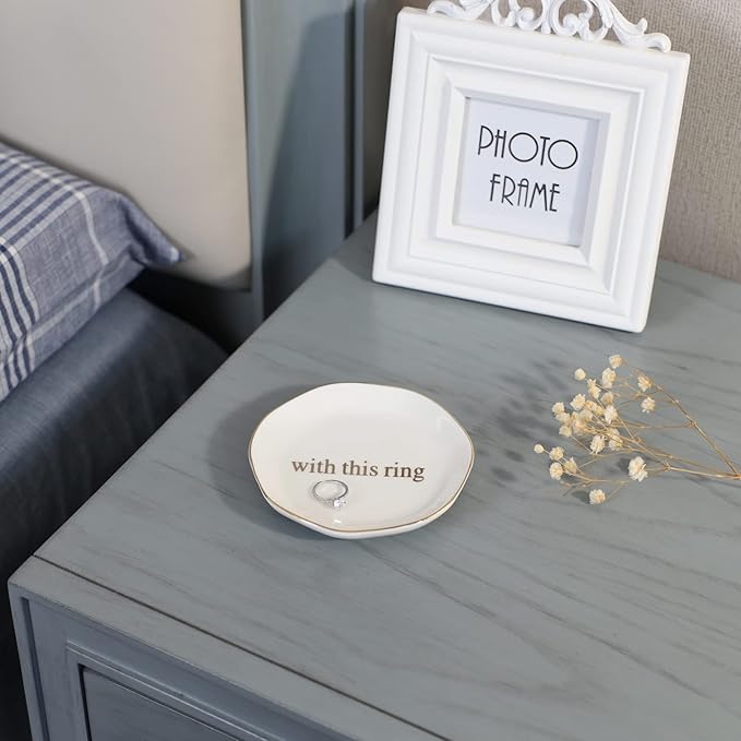 VINCOMIC Engagement Wedding Ring Dish-With This Ring Jewelry Dish Tray-Gifts for Bride, Bride to be, Newlyweds, Ceramic White
