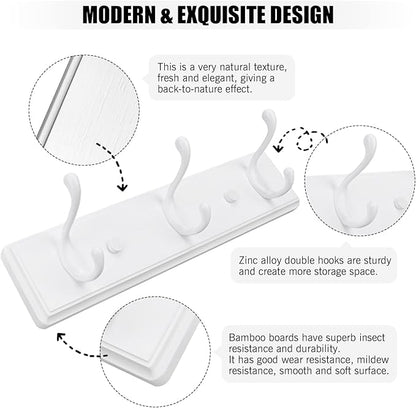 Wooden Coat Rack, Wall-Mounted Organizer for Closet, Entryway, Hallway, Foyer, Bedroom, Heavy Duty Double Hooks for Hanging Towels, Bags, Hats, Jackets, Key (White, 3 Hooks)
