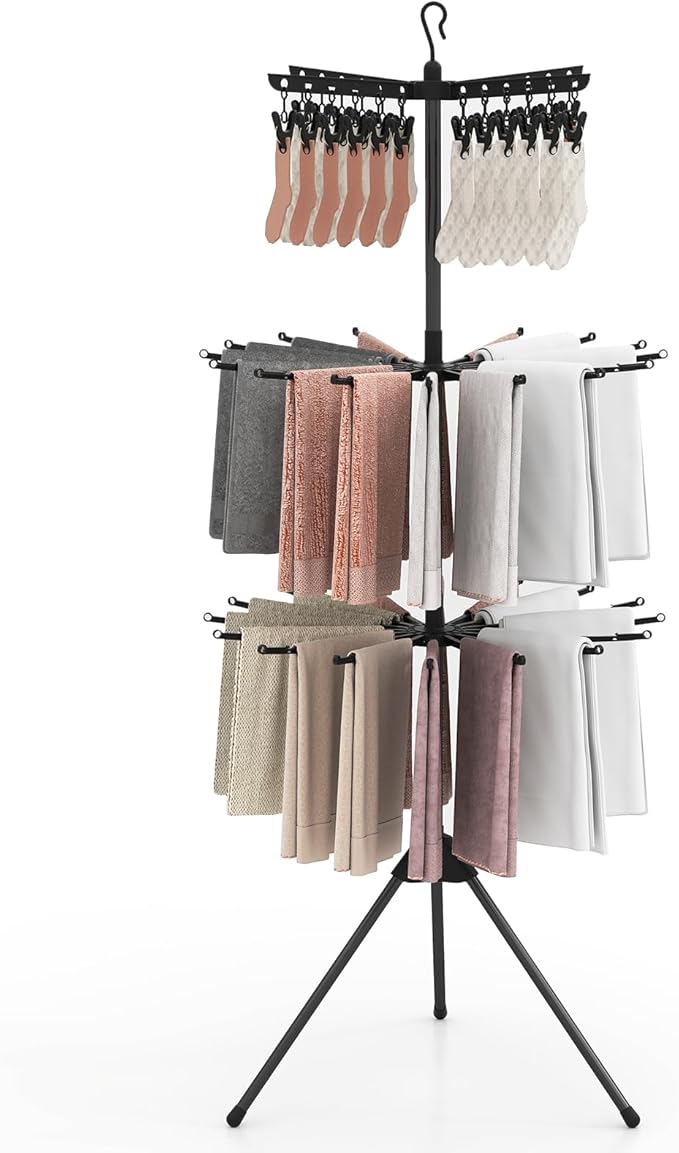 Tangkula 3-Tier Portable and Foldable Drying Rack, 70"H Freestanding Towel Rack with 32 Rods, 24 Clips, Detachable Top Hanger, 360° Rotatable Tripod Laundry Stand for Indoor, Poolside, RV Trip (Black)