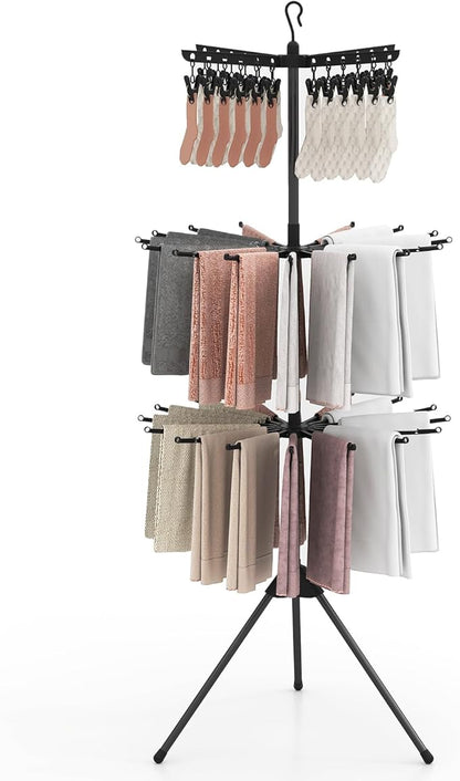 Tangkula 3-Tier Portable and Foldable Drying Rack, 70"H Freestanding Towel Rack with 32 Rods, 24 Clips, Detachable Top Hanger, 360° Rotatable Tripod Laundry Stand for Indoor, Poolside, RV Trip (Black)