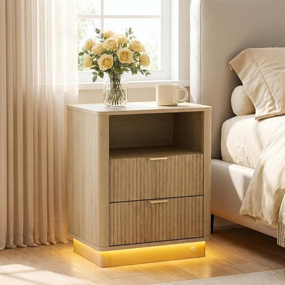 BONITURE 20'' Led Fluted Nightstand, Curved Night Stand with Charging Station Lighting, Wood End Table with 2 Drawers, Modern Side Table Storage Cabinet for Bedroom Office,(1, Natural)