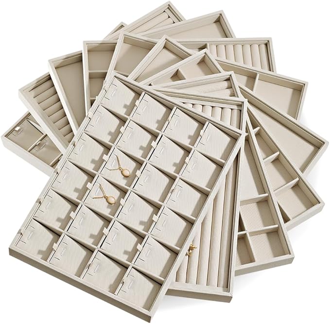 Dansmiy Linen 24 Grid Stackable Rings Earrings Display Tray, Brooch Ear Stud Cufflinks StorageTray, Jeweler Shop Counter Showcase Table Top Organizers, Makeup Table Drawer Insert Jewelry Tray