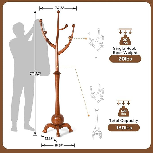 Wooden Coat Rack Freestanding with 8 Hooks, Heavy Duty Coat Hanger Stand with Stable Base, Vintage Coat Tree Standing Coat Racks for Entryway, Hallway, Bedroom (Light Brown)