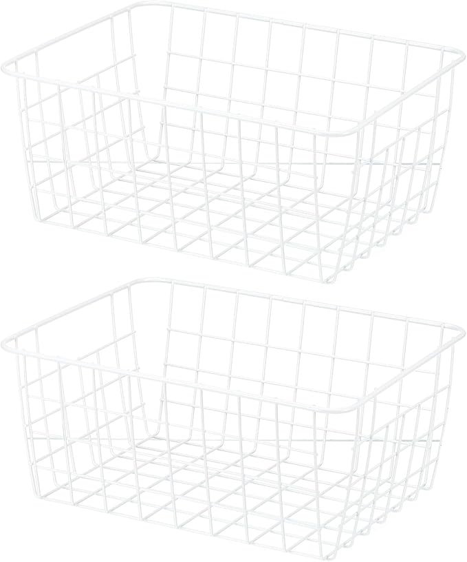 PATIKIL Kitchen Wire Basket, 2 Pack 11"L 9"W Pantry Organization Metal Storage Organizer Household Refrigerator Bin with Handles for Cabinets Closets Bedrooms, White